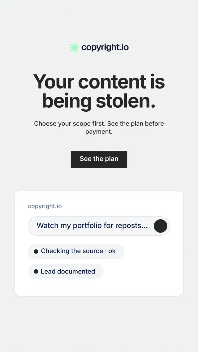 Instagram story for copyright.io: "Your content is being stolen." Swiss style, centred layout, light palette in white.