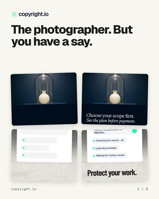 Carousel for copyright.io: "The photographer. But you have a say.". Collection carousel, 8 slides, light palette.