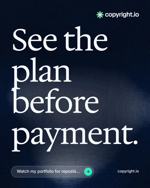 Instagram portrait post for copyright.io: "See the plan before payment." Thermal style, poster layout, dark palette in blue, black, grey.