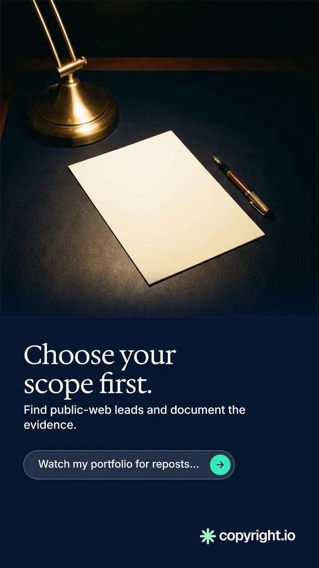Instagram story for copyright.io: "Choose your scope first." Agentic glass style, bottom layout, dark palette in black, grey.