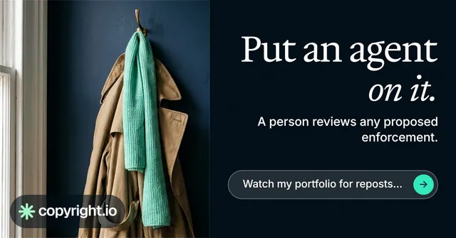 Social ad for copyright.io: "Put an agent on it." Agentic glass style, right layout, dark palette in black, grey.