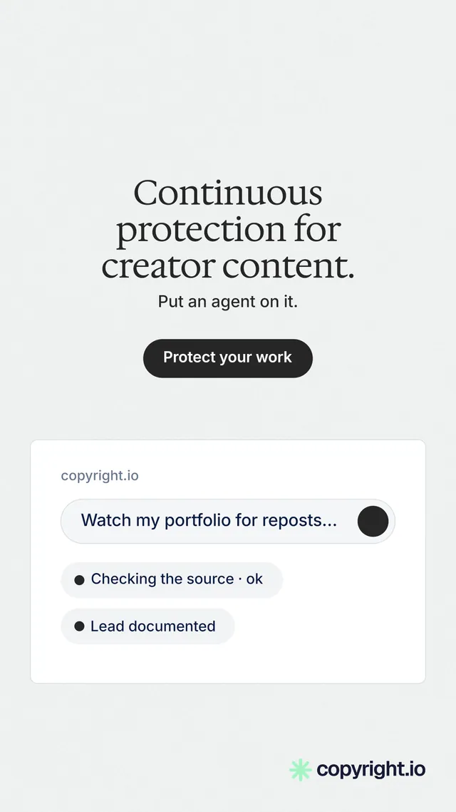 Instagram story for copyright.io: "Continuous protection for creator content." Data card style, centred layout, light palette in white, grey.