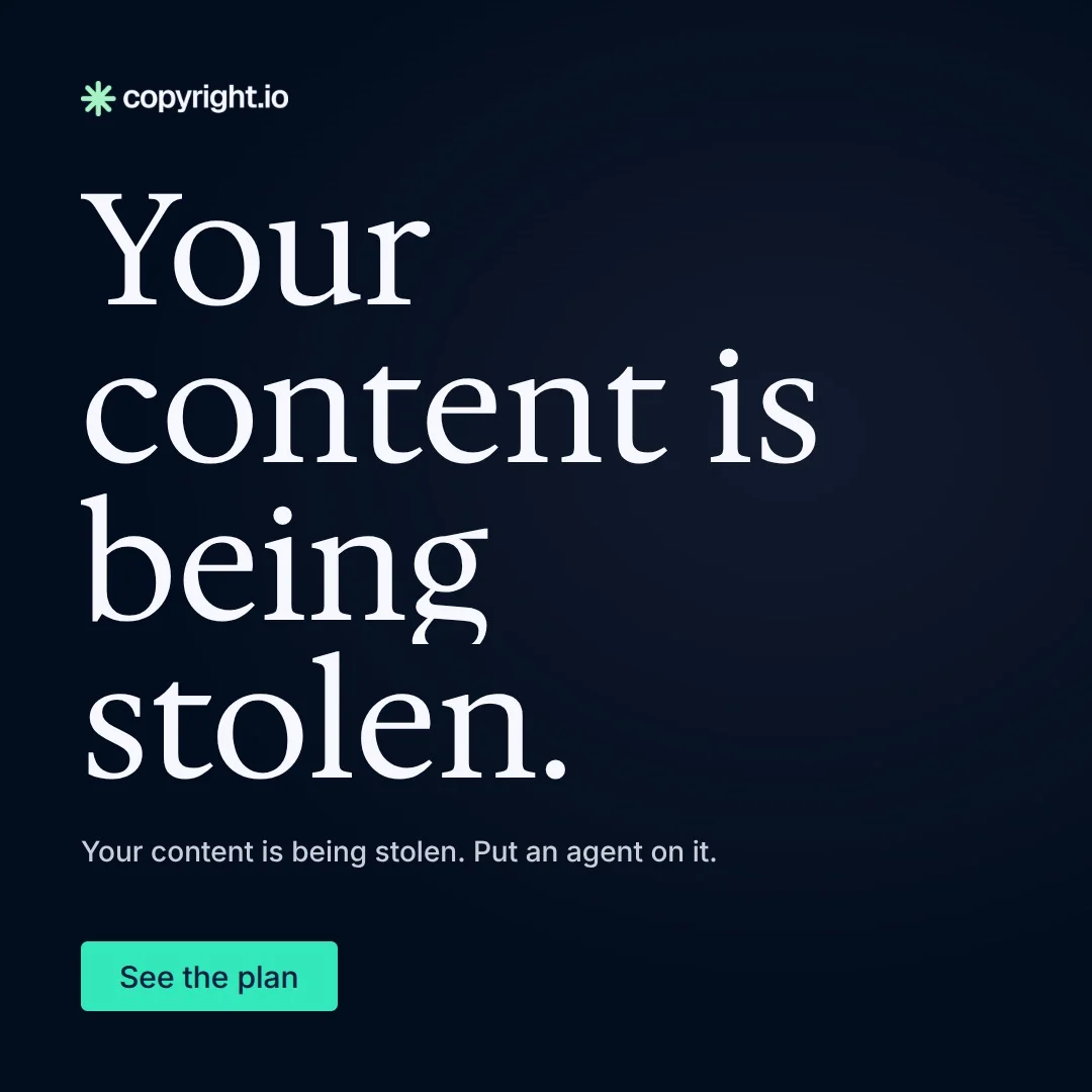 Video for copyright.io: "Your content is being stolen.". Doc motion loop, 8.0 s, dark palette.
