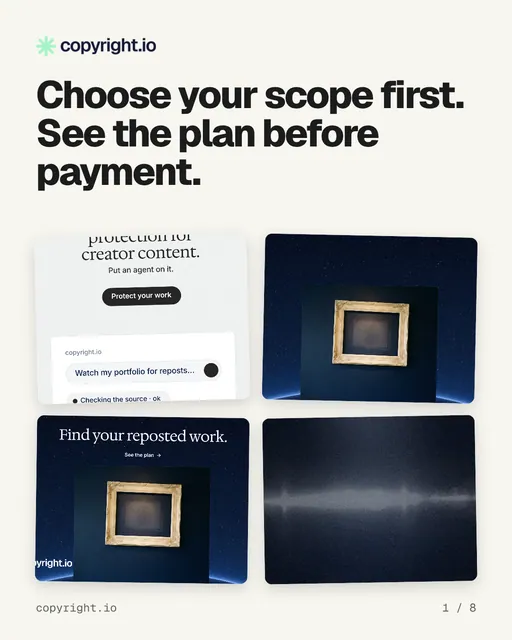 Carousel for copyright.io: "Choose your scope first. See the plan before payment.". Collection carousel, 8 slides, light palette.
