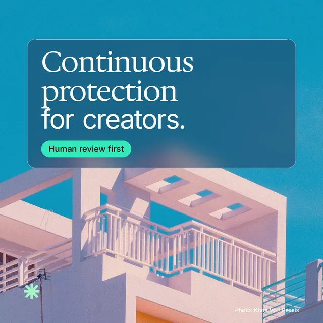 Instagram post for copyright.io: "Continuous protection for creators." Glass style, technique:pexels ingredient layout, light palette in teal, blue, red.
