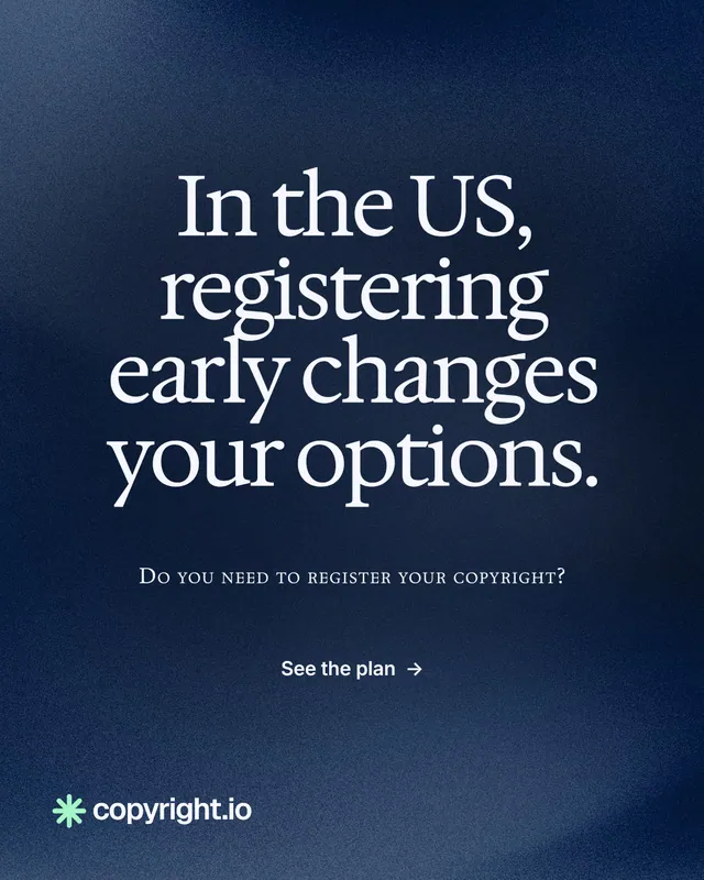 Instagram portrait post for copyright.io: "In the US, registering early changes your options." Swiss style, smallcaps layout, dark palette in blue.