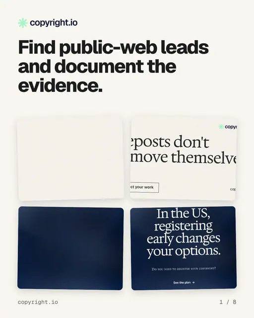 Carousel for copyright.io: "Find public-web leads and document the evidence.". Collection carousel, 8 slides, light palette.