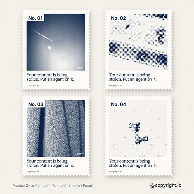 Instagram post for copyright.io: "Your content is being stolen. Put an agent on it." Sheet style, technique:stamp series layout, light palette in white, grey.