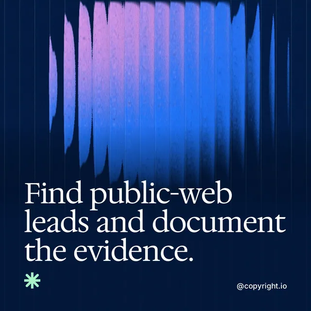 Video for copyright.io: "Find public-web leads and document the evidence.". Shader loop, 6.0 s, dark palette.