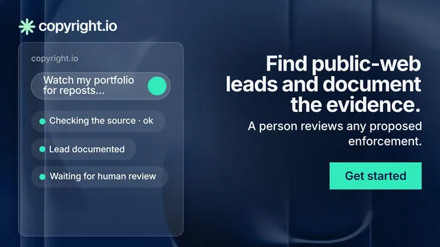 Landscape graphic for copyright.io: "Find public-web leads and document the evidence." Swiss style, right layout, dark palette in black, blue, teal.