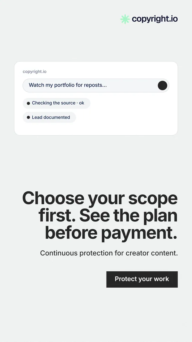 Instagram story for copyright.io: "Choose your scope first. See the plan before payment." Swiss style, right layout, light palette in white, grey.