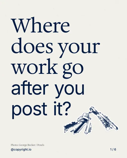 Carousel for copyright.io: "Where does your work go after you post it?". Cutout essay, 6 slides, light palette.