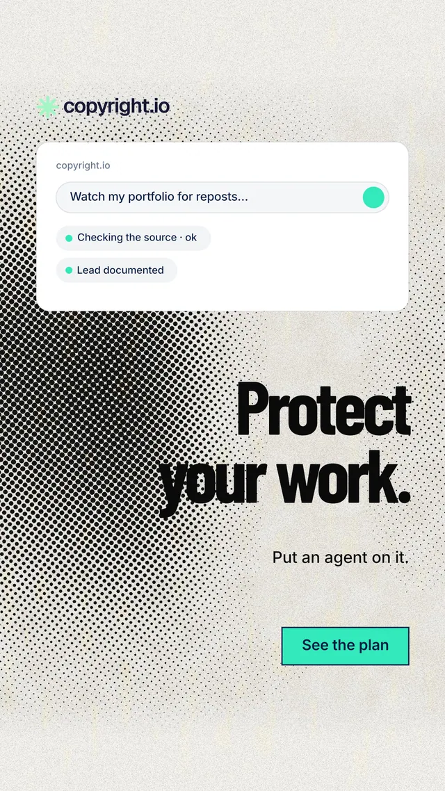Instagram story for copyright.io: "Protect your work." Ink sticker style, right layout, light palette in white, grey.