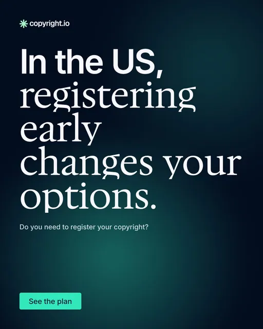 Video for copyright.io: "In the US, registering early changes your options.". Doc motion loop, 8.0 s, dark palette.