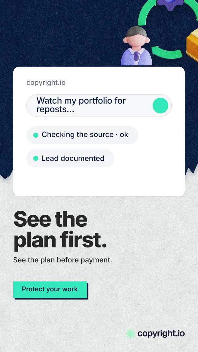 Instagram story for copyright.io: "See the plan first." Paper trio style, bottom layout, light palette in white, blue, grey.