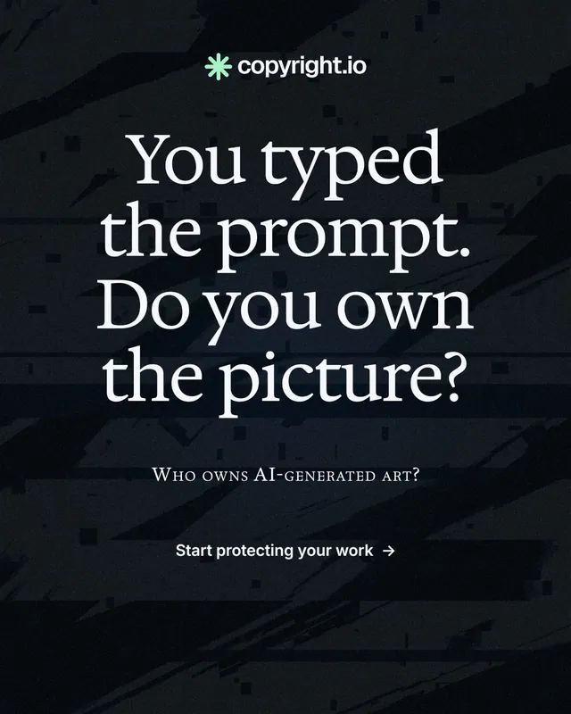 Instagram portrait post for copyright.io: "You typed the prompt. Do you own the picture?" Phosphor atlas style, smallcaps layout, dark palette in black, grey.