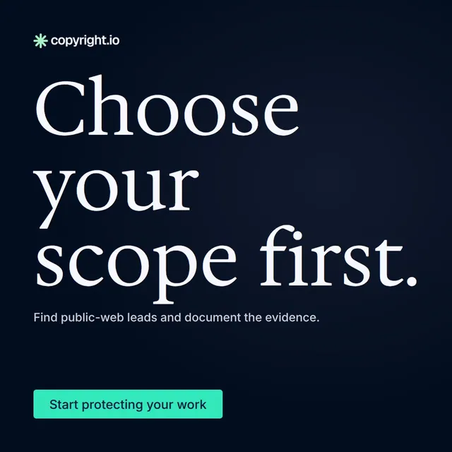 Video for copyright.io: "Choose your scope first.". Doc motion loop, 6.0 s, dark palette.
