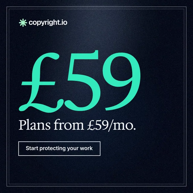 Instagram post for copyright.io: "Continuous protection for creators." Dark deco style, stat layout, dark palette in black, teal.