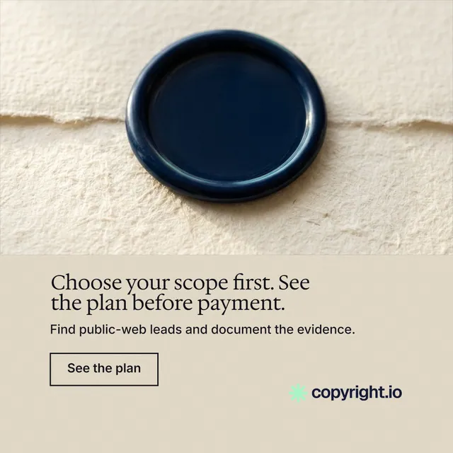 Instagram post for copyright.io: "Choose your scope first. See the plan before payment." Editorial style, bottom layout, light palette in orange, yellow, grey.