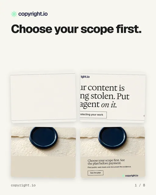 Carousel for copyright.io: "Choose your scope first.". Collection carousel, 8 slides, light palette.