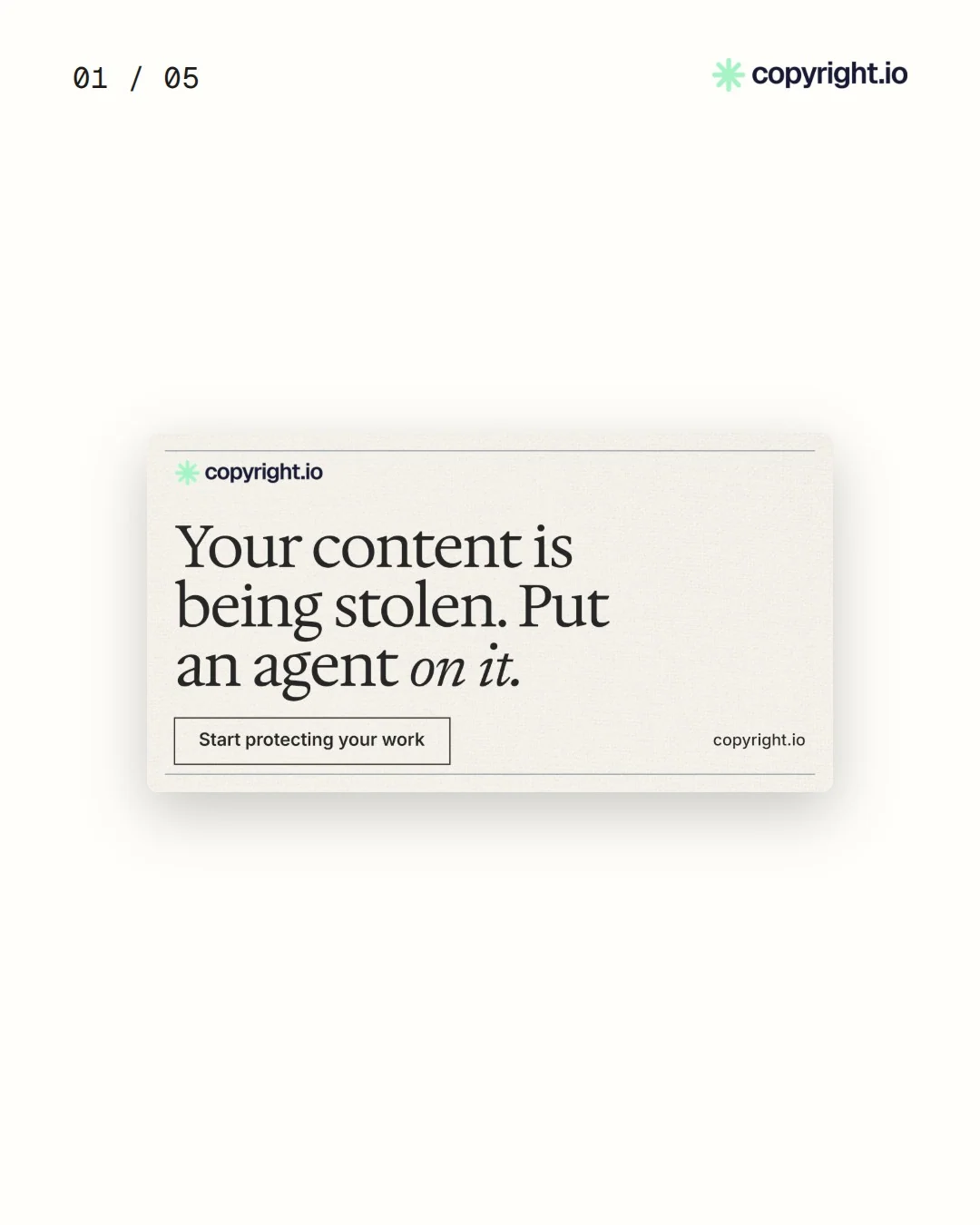 Video for copyright.io. Ad flipbook, 7.5 s, light palette.