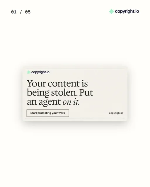 Video for copyright.io. Ad flipbook, 7.5 s, light palette.