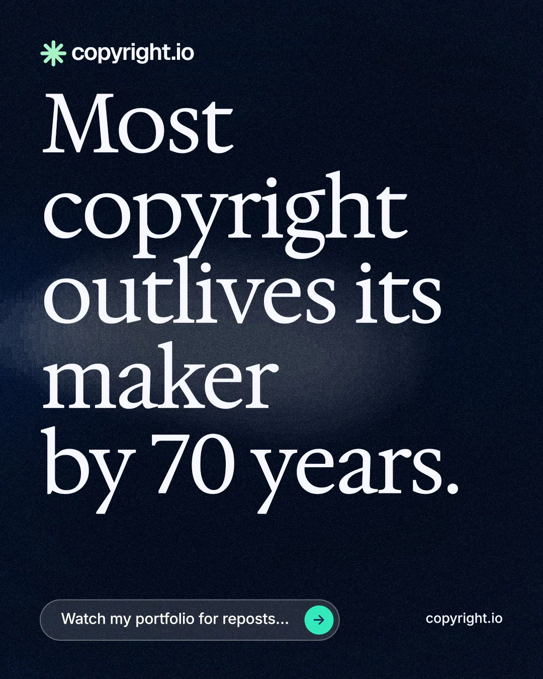 Instagram portrait post for copyright.io: "Most copyright outlives its maker by 70 years." Thermal style, poster layout, dark palette in black, blue, grey.