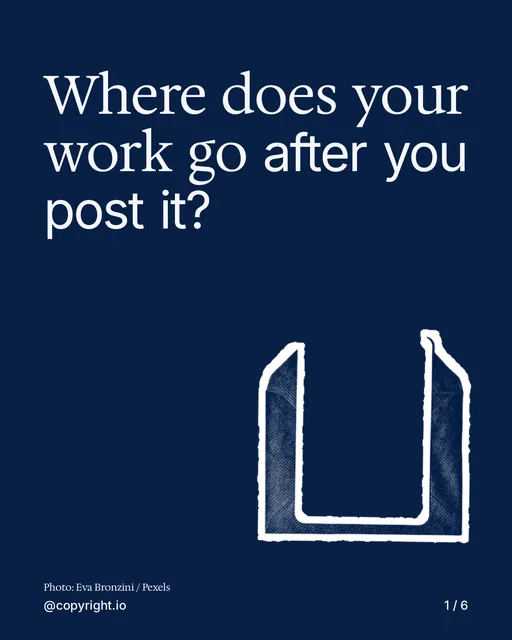 Carousel for copyright.io: "Where does your work go after you post it?". Cutout essay, 6 slides, dark palette.
