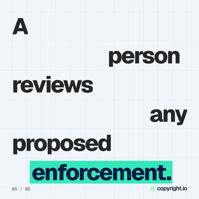 Video for copyright.io: "A person reviews any proposed enforcement.". Kinetic type grid, 6.0 s, light palette.