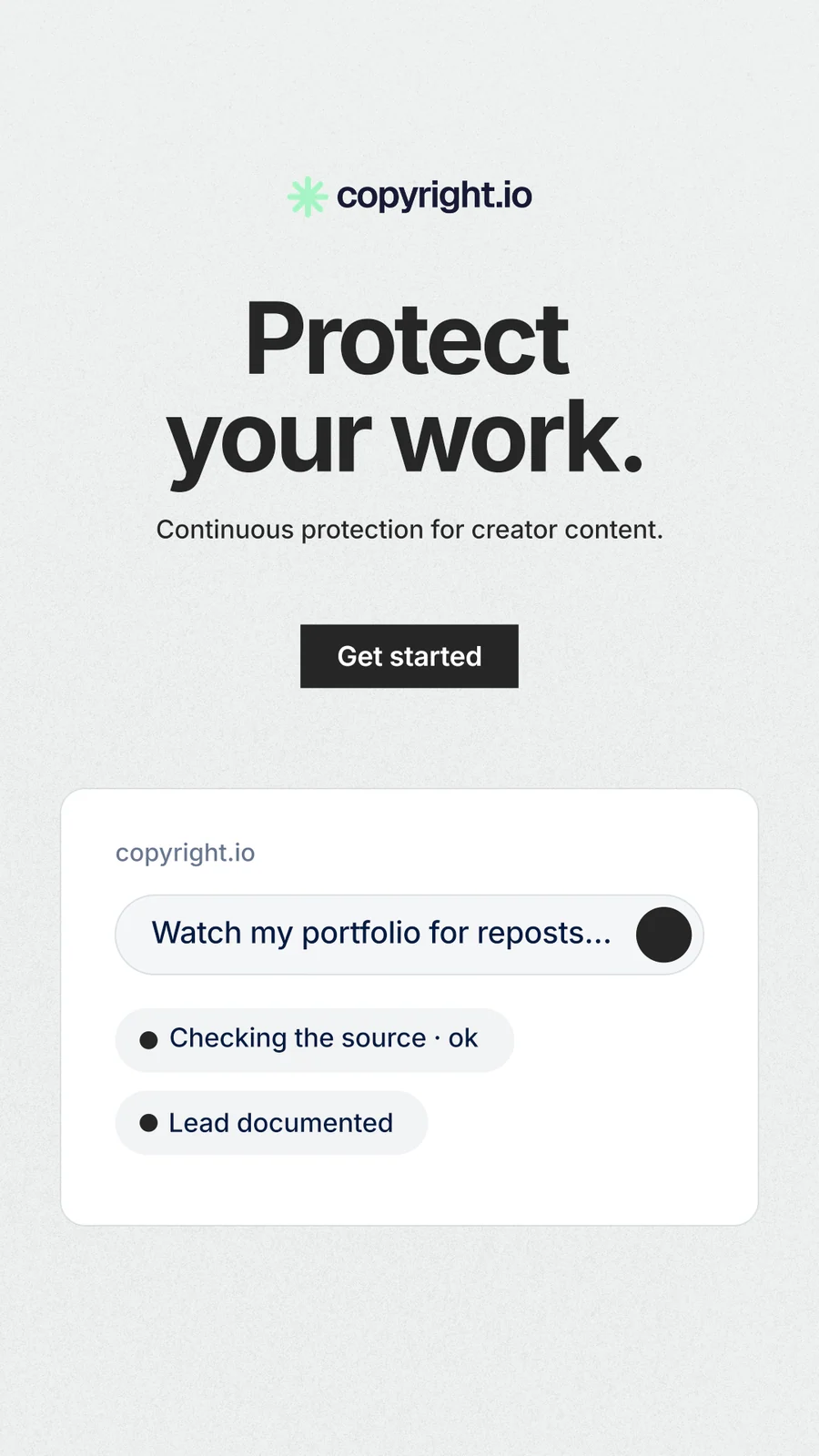 Instagram story for copyright.io: "Protect your work." Swiss style, centred layout, light palette in white, grey.