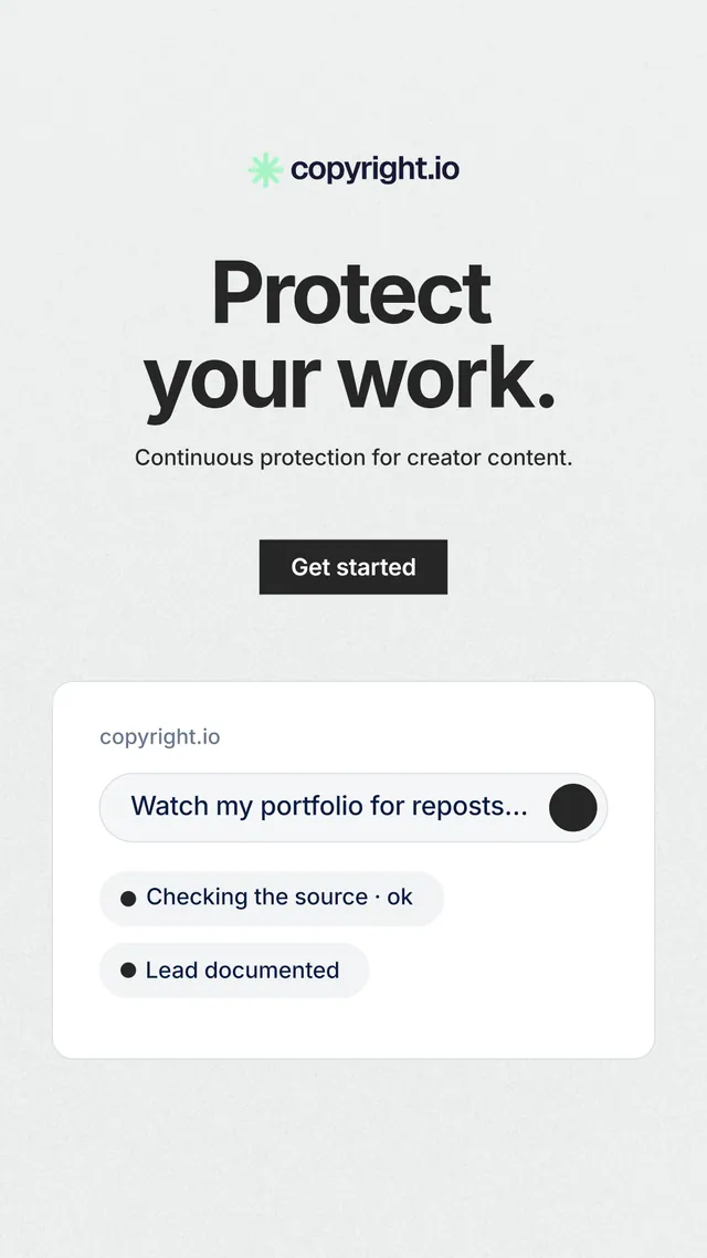 Instagram story for copyright.io: "Protect your work." Swiss style, centred layout, light palette in white, grey.