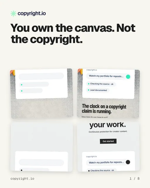 Carousel for copyright.io: "You own the canvas. Not the copyright.". Collection carousel, 8 slides, light palette.