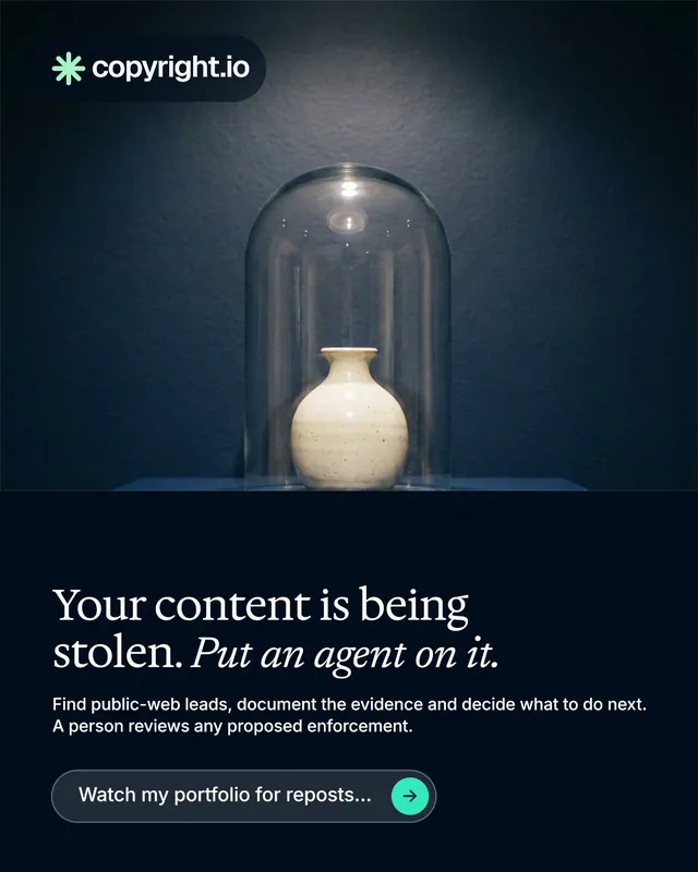 Instagram portrait post for copyright.io: "Your content is being stolen. Put an agent on it." Agentic glass style, bottom layout, dark palette in blue, black, grey.