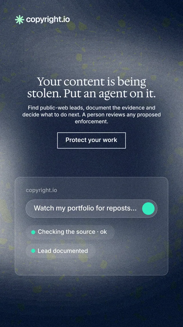 Instagram story for copyright.io: "Your content is being stolen. Put an agent on it." Cyanotype style, centred layout, dark palette in blue, grey.