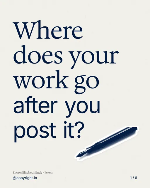 Carousel for copyright.io: "Where does your work go after you post it?". Cutout essay, 6 slides, light palette.
