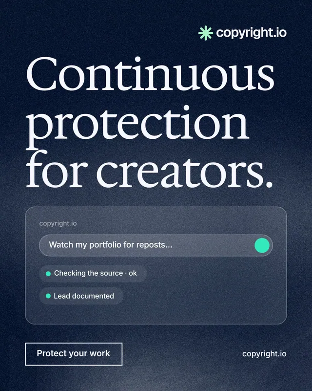 Instagram portrait post for copyright.io: "Continuous protection for creators." Cyanotype style, poster layout, dark palette in black, blue, grey.