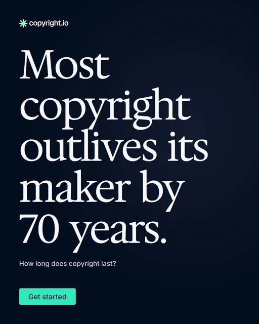 Video for copyright.io: "Most copyright outlives its maker by 70 years.". Doc motion loop, 6.0 s, dark palette.