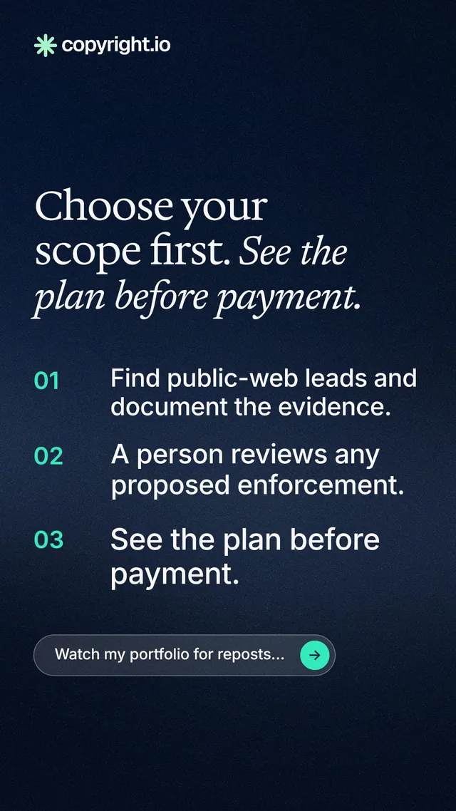 Instagram story for copyright.io: "Choose your scope first. See the plan before payment." Agentic glass style, numbered layout, dark palette in blue, black.