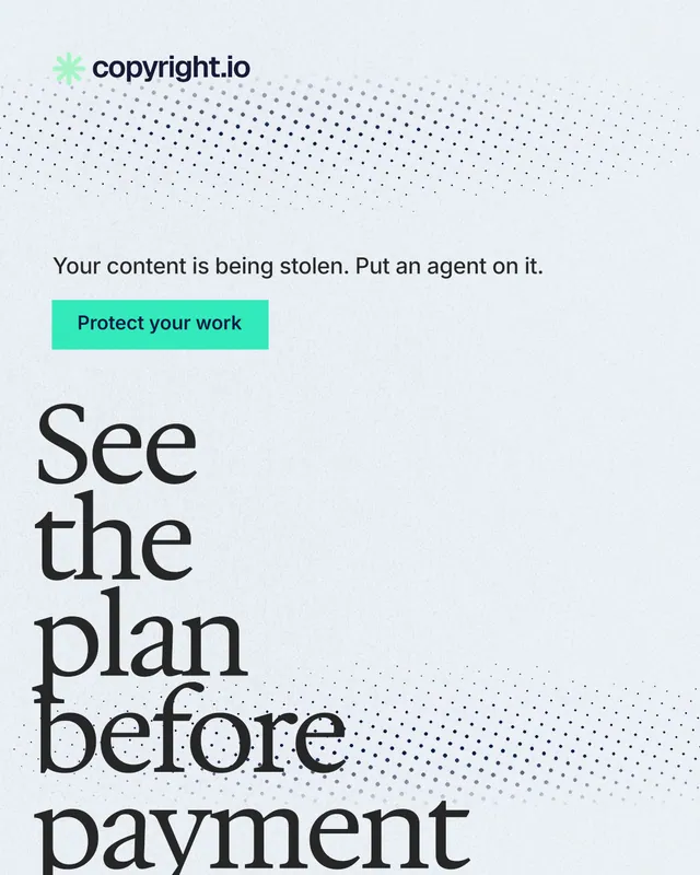 Instagram portrait post for copyright.io: "See the plan before payment." Swiss style, oversized layout, light palette in white, blue, grey.
