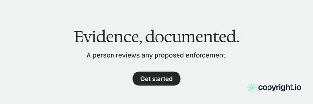 X header for copyright.io: "Evidence, documented." Data card style, centred layout, light palette in white.