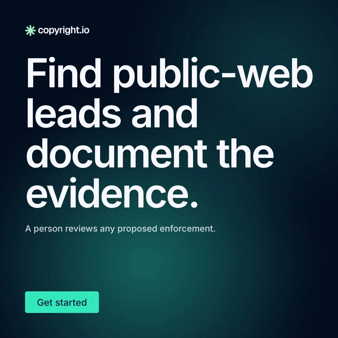 Video for copyright.io: "Find public-web leads and document the evidence.". Doc motion loop, 7.0 s, dark palette.