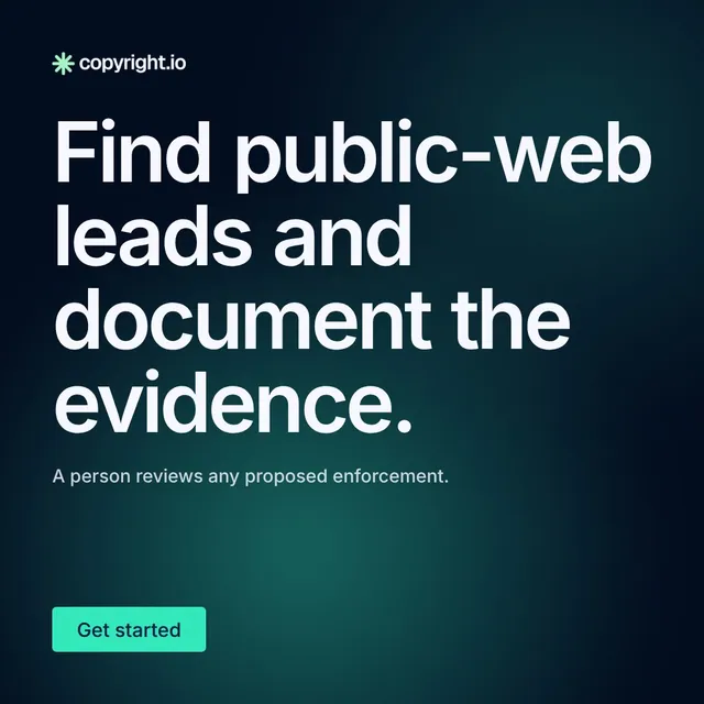 Video for copyright.io: "Find public-web leads and document the evidence.". Doc motion loop, 7.0 s, dark palette.