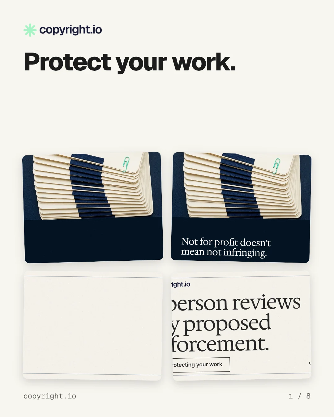 Carousel for copyright.io: "Protect your work.". Collection carousel, 8 slides, light palette.