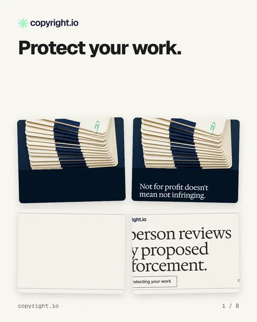 Carousel for copyright.io: "Protect your work.". Collection carousel, 8 slides, light palette.