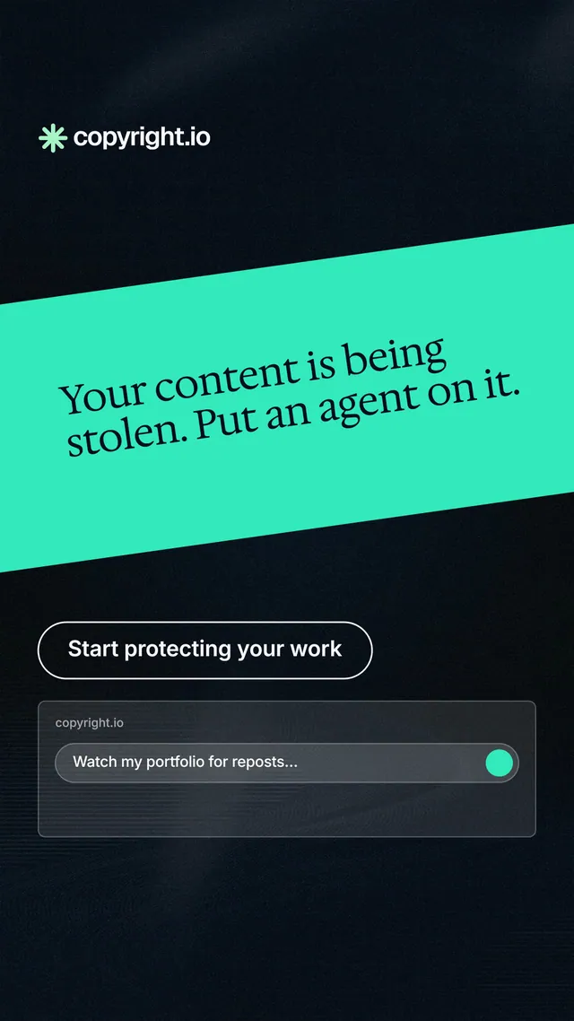Instagram story for copyright.io: "Your content is being stolen. Put an agent on it." Phosphor atlas style, diagonal layout, dark palette in teal, black, blue.