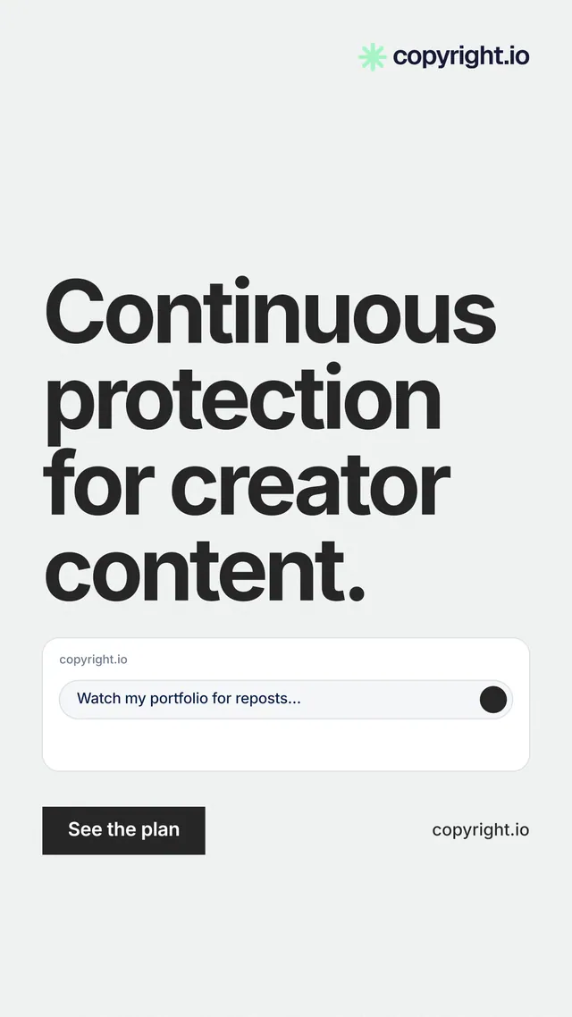 Instagram story for copyright.io: "Continuous protection for creator content." Swiss style, poster layout, light palette in white, grey.