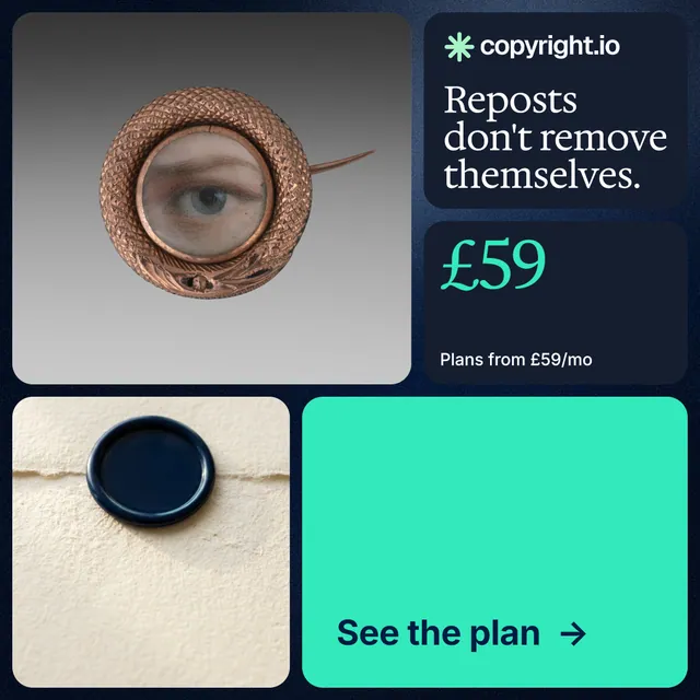 Instagram post for copyright.io: "Reposts don't remove themselves." Agentic glass style, bento layout, light palette in grey, blue, teal.