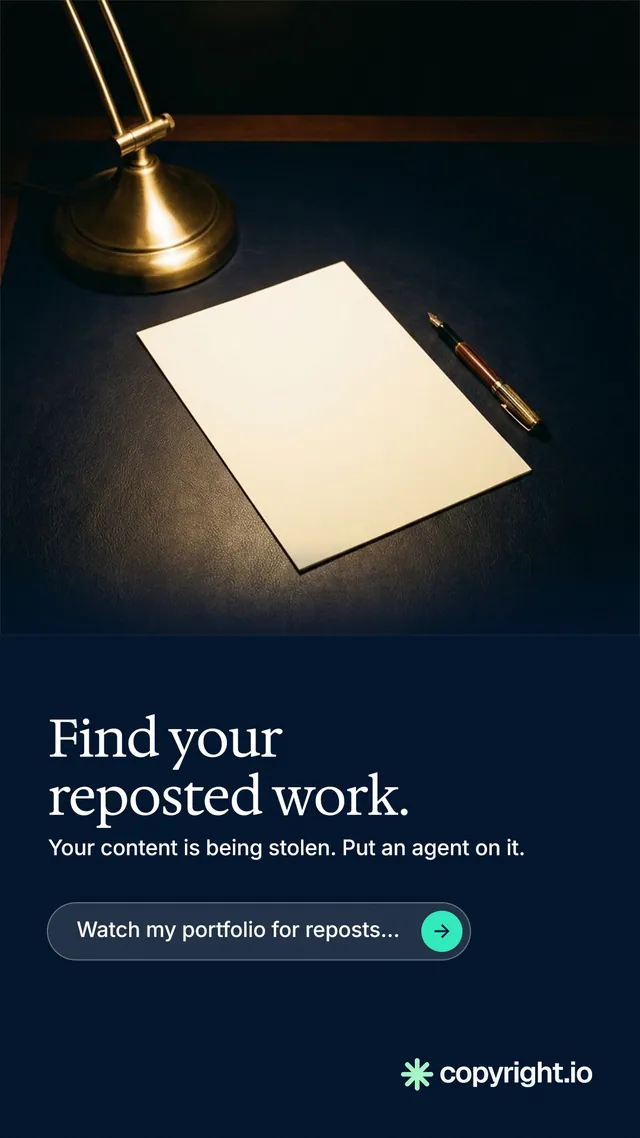 Instagram story for copyright.io: "Find your reposted work." Agentic glass style, bottom layout, dark palette in black, grey.