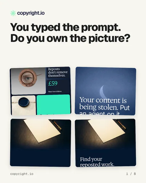Carousel for copyright.io: "You typed the prompt. Do you own the picture?". Collection carousel, 8 slides, light palette.