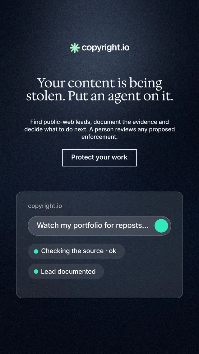 Instagram story for copyright.io: "Your content is being stolen. Put an agent on it." Dark deco style, centred layout, dark palette in black, blue, grey.